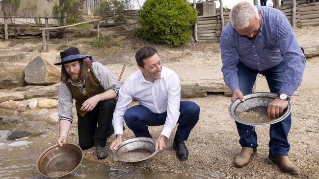 Opposition Leader Matthew Guy pans for electoral gold at Sovereign Hill in Ballarat. Picture: NCA NewsWire/Wayne Taylor