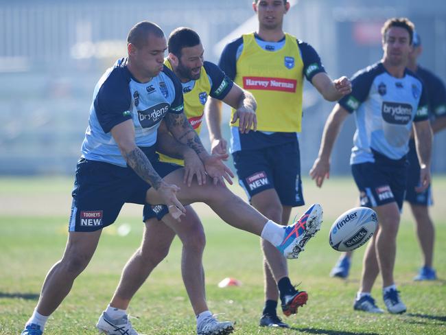 NSW Blues player David Klemmer and Boyd Cordner get stuck in. Picture: AAP Image/David Moir