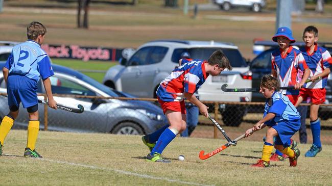 BIG WEEK FOR U13s: Levi Rhodes in possession for Warwick in under-13 boys hockey. Picture: Gerard Walsh