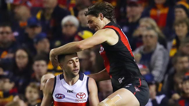 Essendon's Joe Daniher may live to regret this celebration on Adelaide's Rory Atkins. Picture: Michael Klein