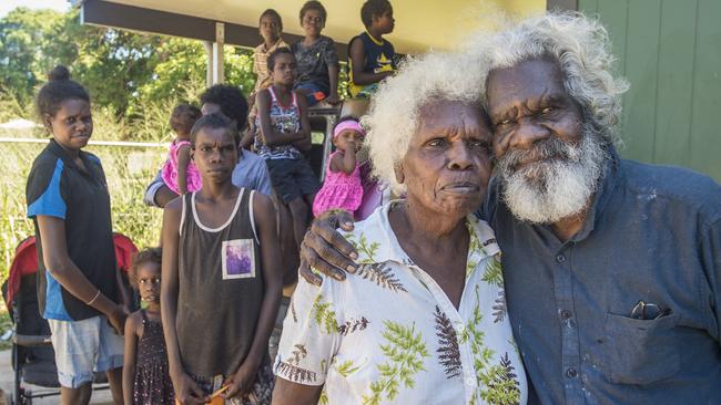 Elders Silus, 90, and Rebecca, 83, Wolmby with some of their family. They will leave Aurukun after the school closes. Pic: Brian Cassey