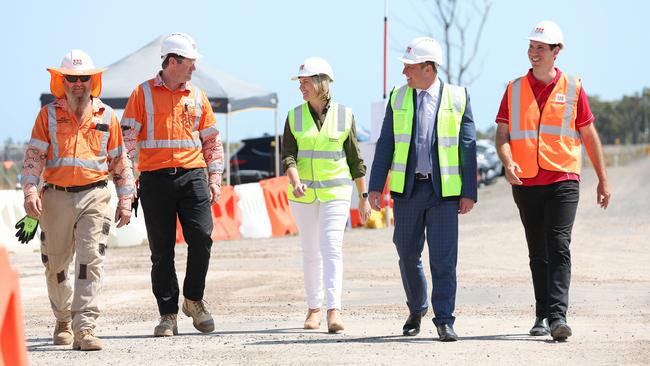 From right, Member for Bundaberg Tom Smith, Premier Steven Miles and Health Minister Shannon Fentiman at the new Bundaberg hospital site. Picture: Adam Head