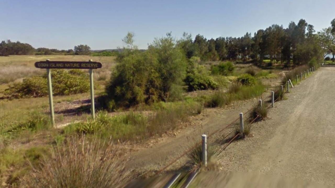 A sign displaying “Coon Island” on the shores of Lake Macquarie, NSW. Picture: Google Maps.