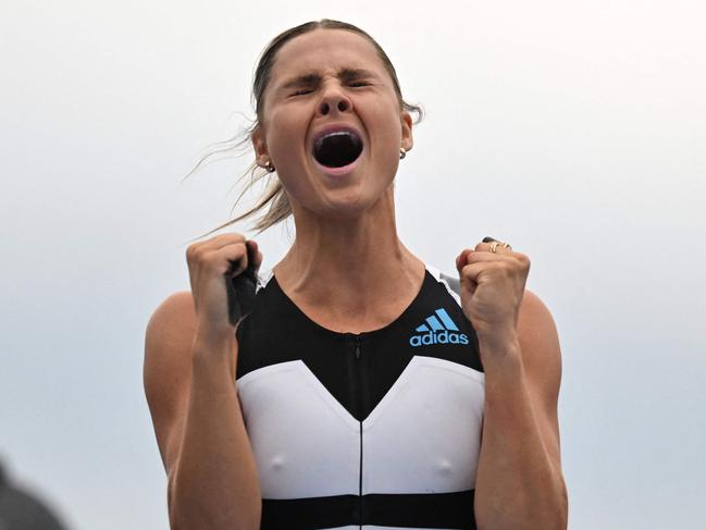 Australia's Nina Kennedy reacts as she competes in the women's pole vault final during the Diamond League athletics meeting at a city event at Zurich's iconic SechselÃ¤utenplatz on September 7, 2022. (Photo by Fabrice COFFRINI / AFP)