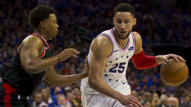 Philadelphia’s Ben Simmons drives to the basket against Toronto’s Kyle Lowry during game three of the 2019 NBA Eastern Conference Finals. Simmons is hosting his first ever Sydney basketball camp at Hills Basketball Stadium in August. Picture: Mitchell Leff/Getty Images