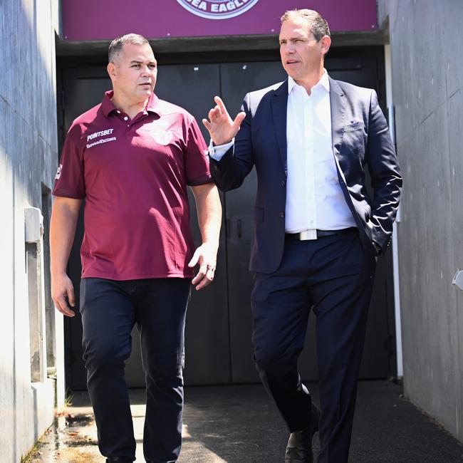 Mestrov (right) with Sea Eagles coach Anthony Seibold. Picture: Jeremy Piper