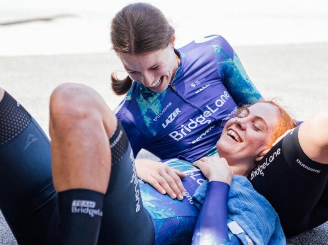 Hobart's Felicity Wilson-Haffenden celebrates her Road Nats time trial win with teammate Emily Watts. Picture Zac Williams Photography