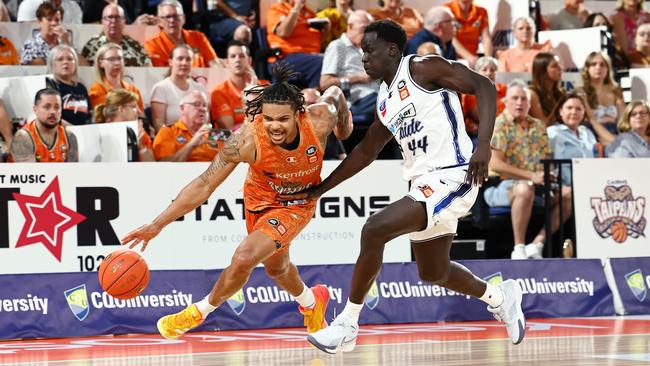 Taipans' Rob Edwards charges to the basket in the National Basketball League (NBL) match between the Cairns Taipans and the Adelaide 36ers, held at the Cairns Convention Centre. Picture: Brendan Radke