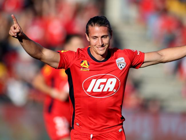 ADELAIDE, AUSTRALIA - APRIL 07: Michael Marrone celebrates a goal during the round 24 A-League match between Adelaide United and the Wellington Phoenix at Coopers Stadium on April 7, 2019 in Adelaide, Australia. (Photo by Kelly Barnes/Getty Images)