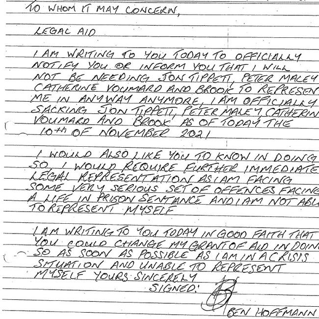 A letter from Darwin triple murderer Ben Hoffmann to the NT Legal Aid Commission sacking his legal team. Picture: NT Courts &amp; Tribunals