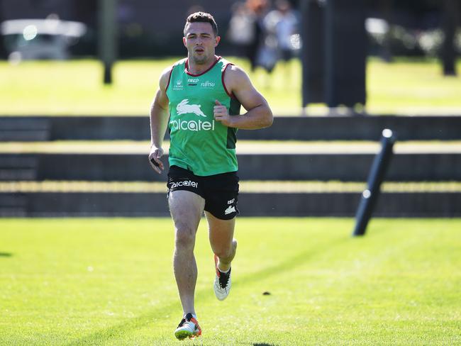 Sam Burgess works on his fitness ahead of Thursday’s clash with the Bulldogs. Picture: Phil Hillyard