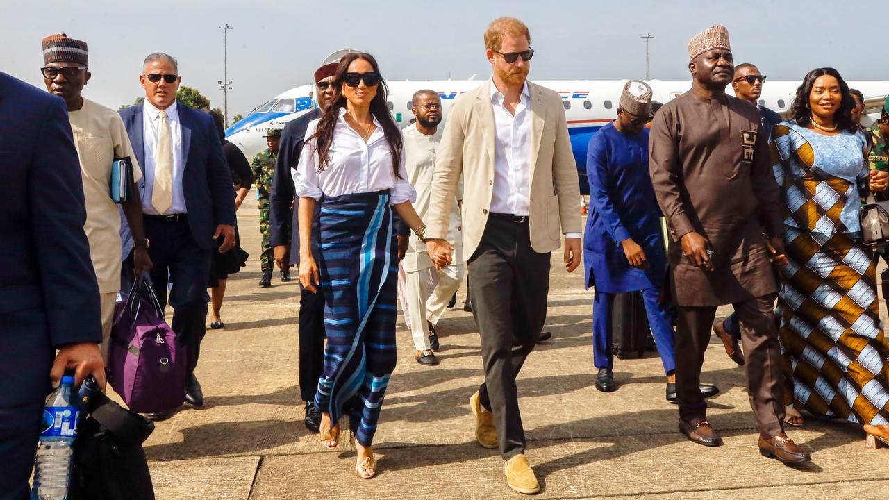 <b>2024:</b> The Sussexes continue their own brand of service, visiting Nigeria and Colombia in controversial tours that are dubbed ‘quasi-royal’. Picture: Andrew Esiebo/Getty for The Archewell Foundation