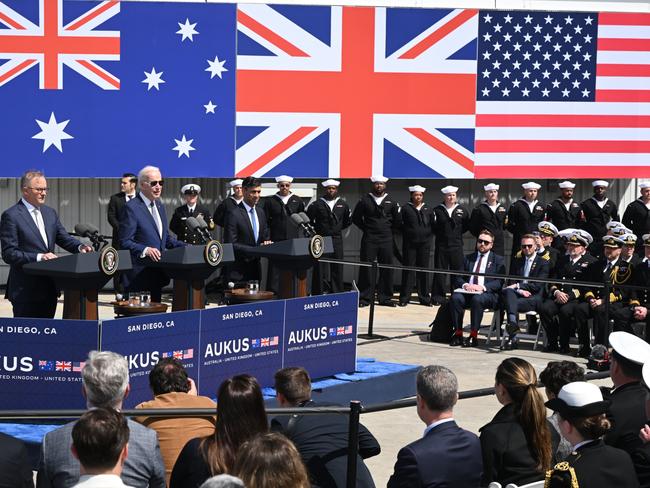 The leaders of the AUKUS stand together for the historic occasion. Picture: Getty Images