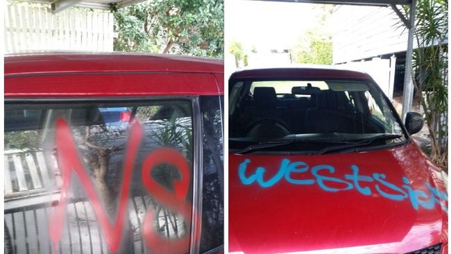 Alleged gang tags on a North Ipswich residents car in June, 2022. Picture: Contributed