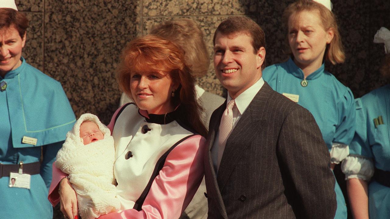 The Duke and Duchess of York pause outside the Portland Hospital in London with their new daughter Princess Eugenie in 1990. 