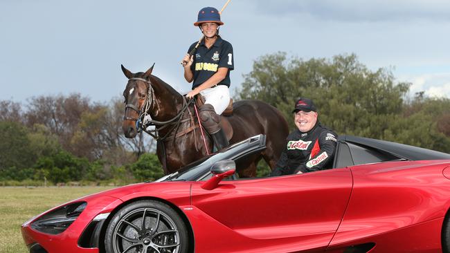 Whole lot of horsepower on show at the Spit as Australian Women's polo team member Indiana Bennetto and her horse raced against V8 Supercar legend Paul Morris in a McLaren 720S car. Picture Glenn Hampson