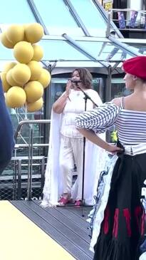 Gina Rinehart makes a speech prior to her Olympic boat cruise departing