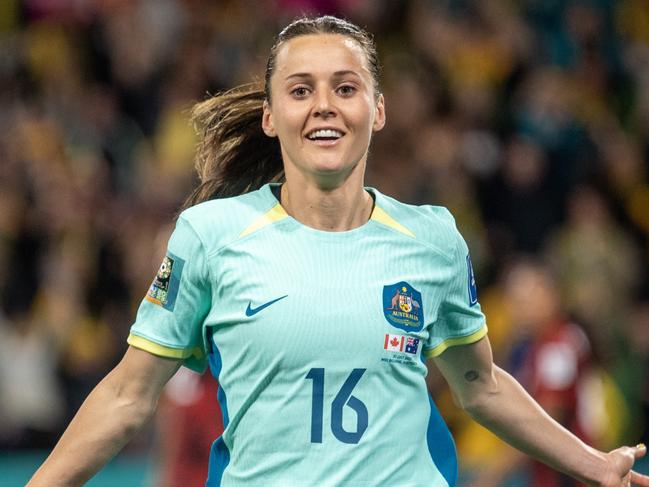 MELBOURNE, AUSTRALIA - JULY 31: Hayley Raso of Australia celebrates her 2nd goal during the FIFA Women's World Cup Australia & New Zealand 2023 Group B match between Canada and Australia at Melbourne Rectangular Stadium on July 31, 2023 in Melbourne, Australia. (Photo by Will Murray/Getty Images)