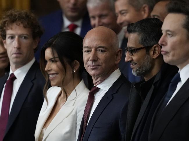 Mark Zuckerberg, Jeff Bezos, Sundar Pichai and Elon Musk at Donald Trump’s inauguration. Picture: AP Photo