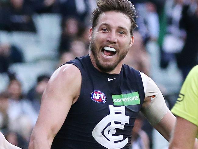 AFL :  Round 7 , Collingwood V Carlton at the M.C.G.  6th May, Melbourne Australia.  Carlton's Dale Thomas celebrates his goal in the fourth quarter  Picture : George Salpigtidis