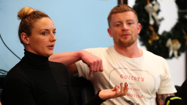 Swimmers Katinka Hosszu of Hungary and Adam Peaty of Great Britain speak to the press during the International Swimming League (ISL) Media Summit in London on Wednesday. Picture: Getty Images 