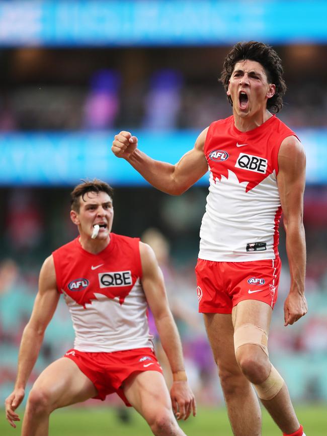 Justin McInerney celebrates his crucial final quarter goal. Picture: Matt King/AFL Photos