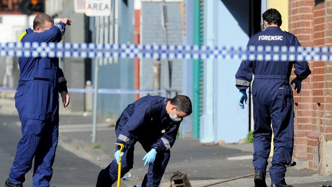 Police at the scene of the shooting outside Love Machine nightclub in Prahran. Picture: Andrew Henshaw