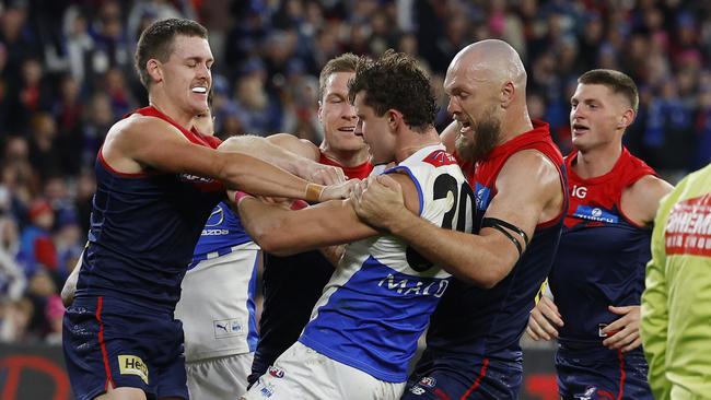 MELBOURNE, AUSTRALIAÃ June 22 , 2024.  AFL Round 15. Melbourne vs North Melbourne at the MCG.    Half time melee   . Pic: Michael Klein