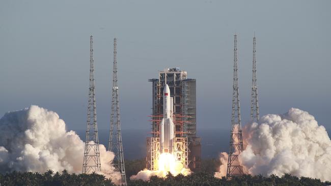 China's new large carrier rocket Long March-5B blasts off from the Wenchang Space Launch Centre in southern China's Hainan province. Picture: AP