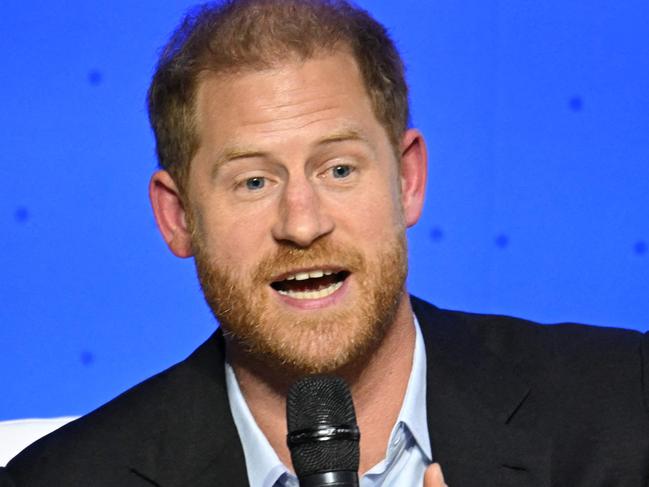 Britain's Prince Harry, Duke of Sussex, speaks during the 'Responsible Digital Future' forum in Bogota on August 15, 2024. Prince Harry and his wife, American actress Meghan Markle, arrived in Colombia at the invitation of Marquez, with whom they will attend various meetings with women and young people to reject discrimination and cyberbullying. (Photo by Raul ARBOLEDA / AFP)