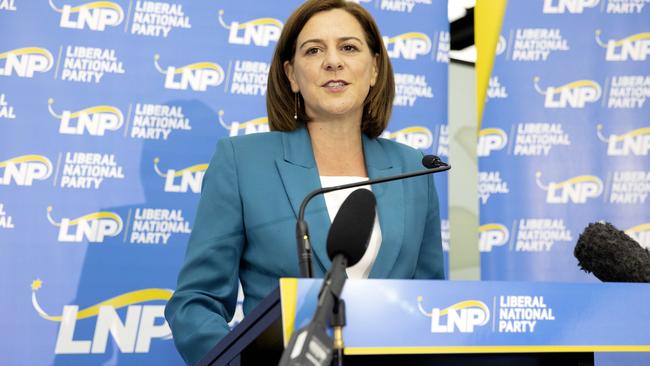 Queensland opposition leader Deb Frecklington concedes defeat at the LNP election night reception at the Emporium in South Brisbane. Picture: Sarah Marshall