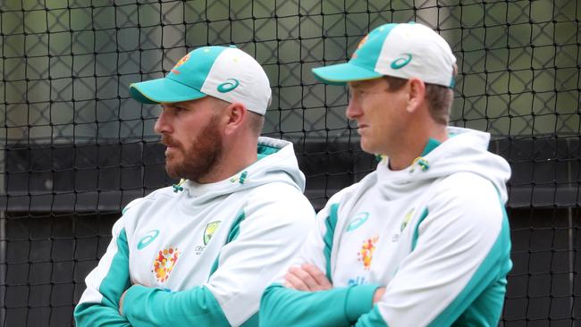 ADELAIDE, AUSTRALIA - NOVEMBER 03: Aaron Finch with George Bailey watch training during the Australian T20 World Cup Squad training session at Adelaide Oval on November 03, 2022 in Adelaide, Australia. (Photo by Sarah Reed/Getty Images)