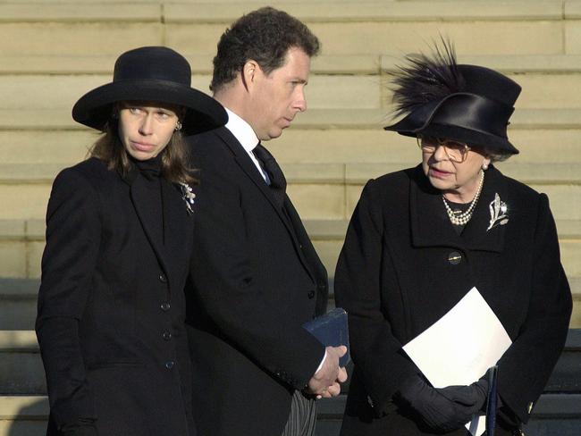 Lady Sarah Chatto with her brother Viscount Linley and the Queen at the funeral of Princess Margaret in 2002.