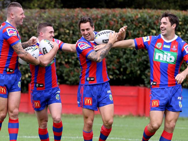 SUNDAY TELEGRAPH SPORT SPECIAL. MUST NOT BE PUBLISHED WITHOUT TALKING TO JAMES SILVER ST SPORTS EDITOR.  Former Roosters ....  Mitchell Pearce with Knight's team mates Shaun Kenny-Dowall, Connor Watson and Aiden Guerra in Newcastle on the eve of this Sunday's showdown.   Picture by Peter Lorimer.