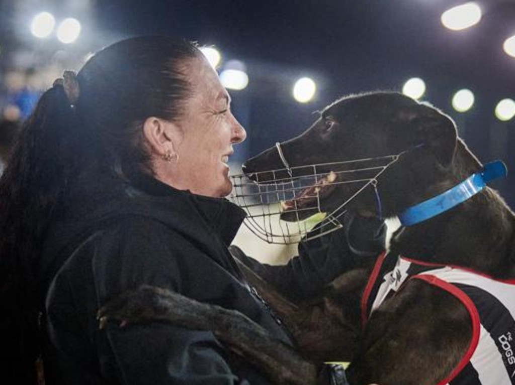 Trainer Sonia Kempshall gets a cuddle from her greyhound Modified Trunk before his return to the track after and eight month injury.