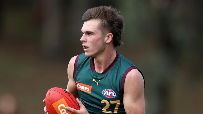 MELBOURNE, AUSTRALIA - APRIL 08: Colby Mckercher of Tasmania in action during the round three Coates Talent League Boys match between Bendigo Pioneers and Tasmania Devils at Arden Street Ground on April 08, 2023 in Melbourne, Australia. (Photo by Jonathan DiMaggio/AFL Photos/via Getty Images)