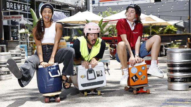 DAILY TELEGRAPH 4TH FEBRUARY 2025Pictured racing on eskyÃs at 7th Day Brewing at Brookvale in Sydney are Mazzy Fernandez , Joel Ridzuan and Cam Colvin ahead of this weekends Brookie Fest.Picture: Richard Dobson