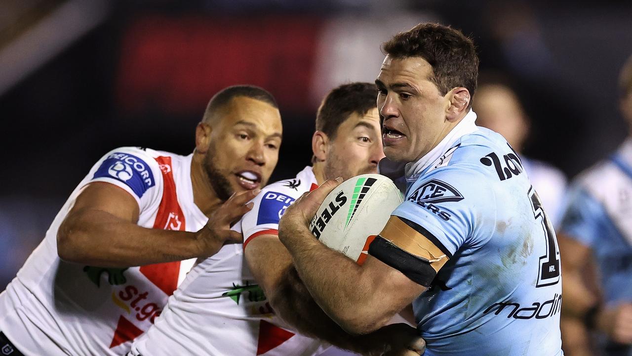 Dale Finucane is facing a lengthy ban after he was charged for a dangerous throw in Cronulla’s big win over the Dragons. Picture: Cameron Spencer/Getty Images