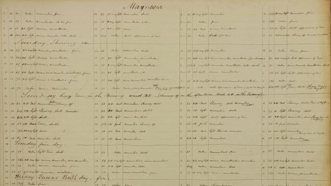 The diary running from 1843 to 1856 which will fill a gap in Adelaide's colonial weather record. Picture: National Archives of Australia