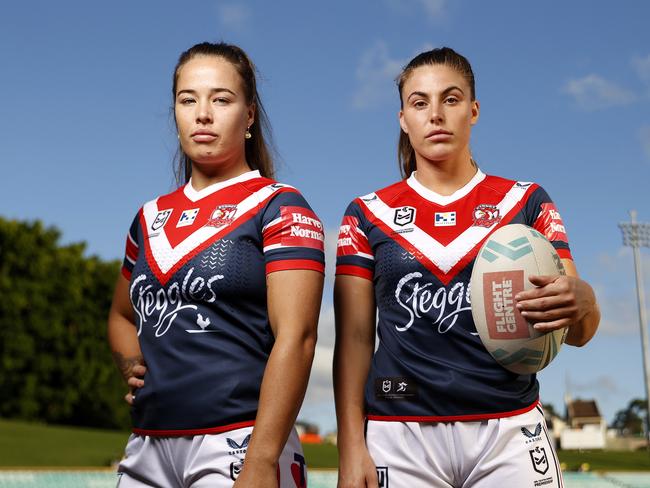 DAILY TELEGRAPH APRIL 5, 2022. EMBARGOED UNTILL FRIDAY 8th APRIL 2022. Roosters NRLW centres Jess Sergis and Isabelle Kelly at Leichhardt Oval ahead of the Grand Final against the Dragons. Picture: Jonathan Ng