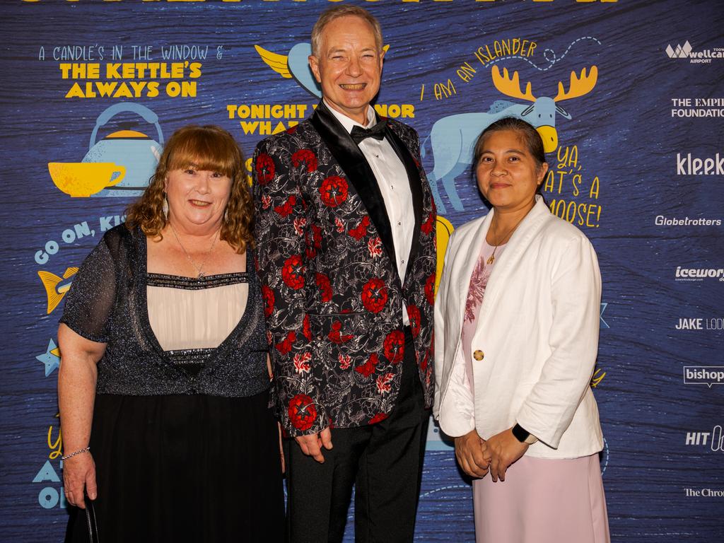 At the opening night function for The Empire's Come From Away are (from left) Karen Gillingham, Russell Reynolds and Emile Yu-Yap at The Rock, Friday, March 14, 2025. Picture: Hey Media