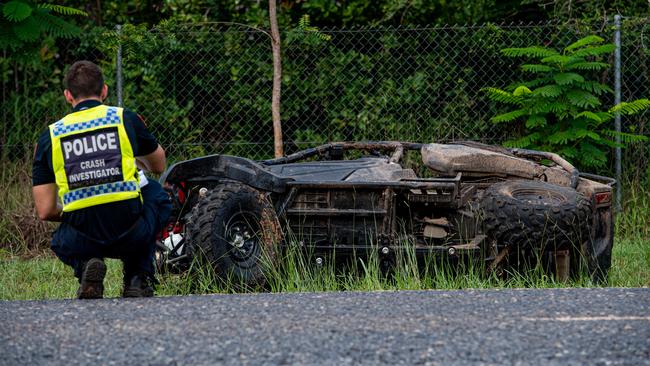 Major Crash Investigation officers at the scene where a Honda ATV buggy crashed on Bees Creek Rd this morning. Picture: Che Chorley