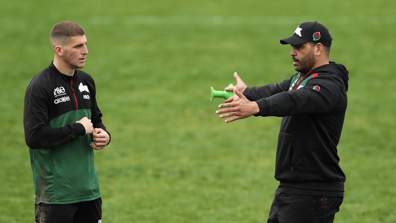 Former NRL star Greg Inglis helps fullback Adam Doueihi with his kicking