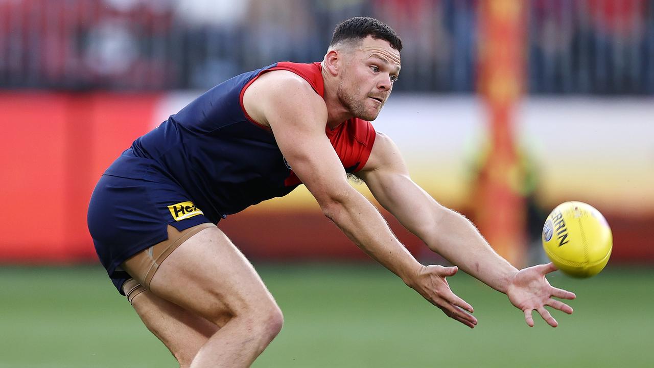 Steven May of the Demons tests out his hamstrings during the second quarter. Picture: Michael Klein