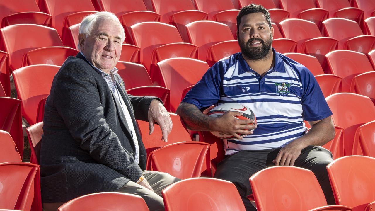 Mayor Paul Antonio and Brothers player Nathan Gaulton are both for the Toowoomba NRL hosting bid. Picture: Neville Madsen.