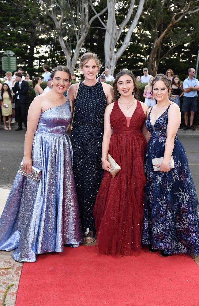 Harriet Clewett, Brianna Martin, Cessandra Matic and Verity Russell at Centenary Heights State High School formal. Picture; Patrick Woods.