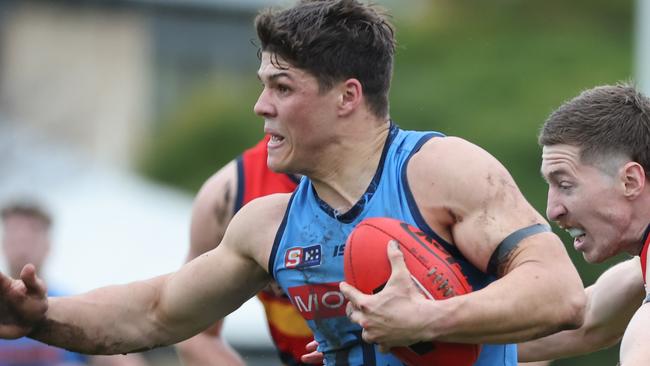 Tom Lewis from Sturt and Billy Frampton from the Crows during the Round 17 SANFL match between Sturt and Adelaide at Unley Oval in Adelaide, Saturday, August 19, 2023. (SANFL Image/David Mariuz)