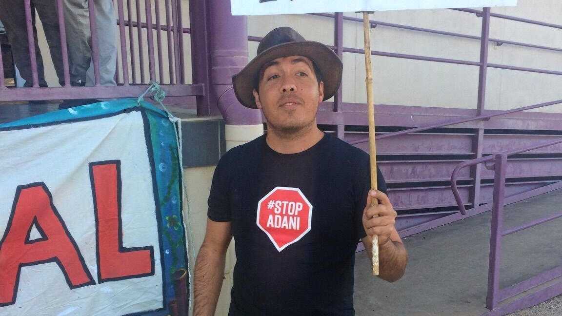 Protesters from Frontline Action on Coal disrupted Adani Australia's chief executive Lucas Dow's speech at the Industry and Innovation Forum in Emerald, Queensland on Wednesday morning. Picture: Contributed