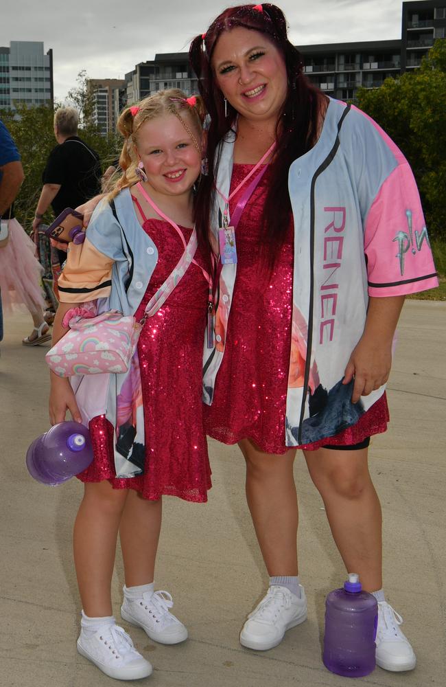 Socials at Pink convert at Townsville's Quensland Country Bank Stadium. Renee Venn and Ciara, 8. Picture: Evan Morgan