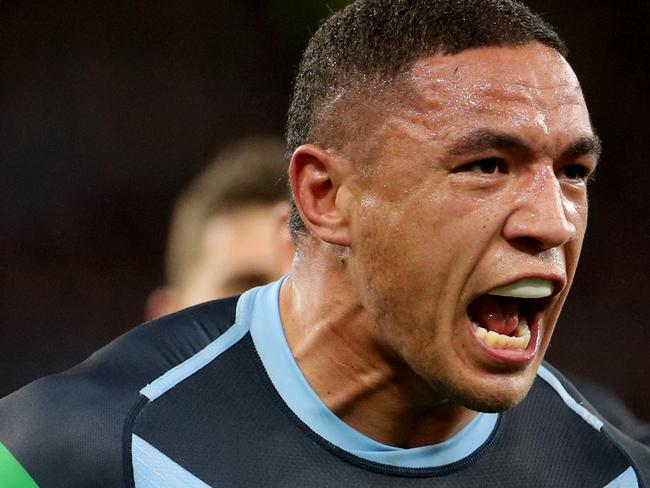 Tyson Frizell of the Blues celebrates after scoring a try during Game 2 of the 2019 State of Origin series between the Queensland Maroons and the New South Wales Blues at Optus Stadium in Perth, Sunday, June 23, 2019. (AAP Image/Richard Wainwright) NO ARCHIVING, EDITORIAL USE ONLY